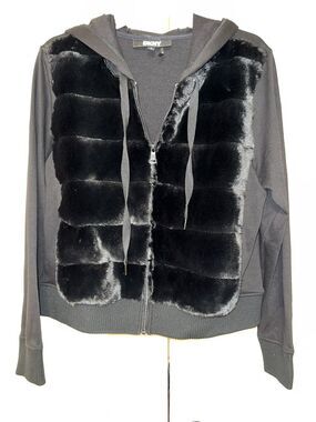DKNY Black Faux Fur Full Zip Jacket-Women's size Medium